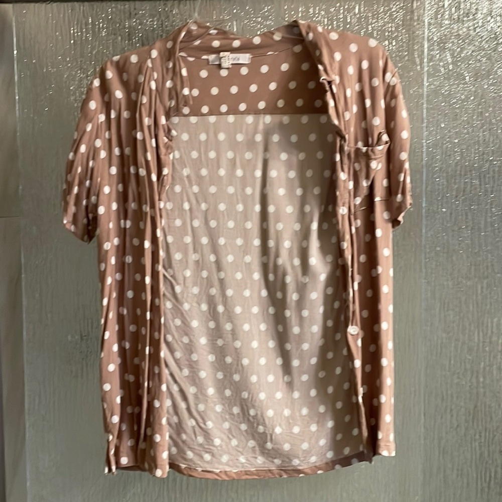 Tan white polka dot button up.